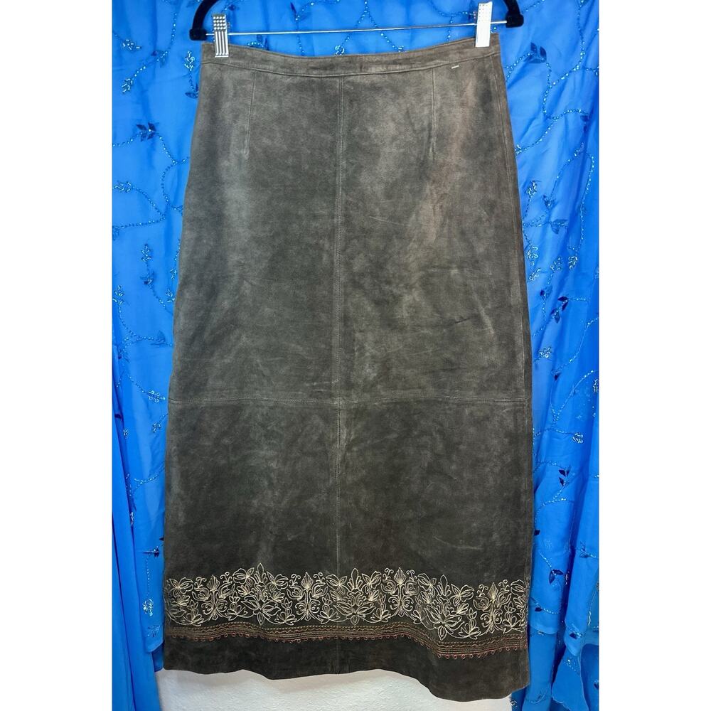 Vintage Brandon Thomas Leather Suede Boho Brown Embroidered Maxi Skirt 16